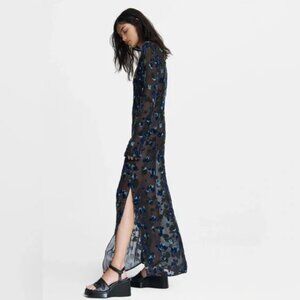 RAG & BONE Gigi Column Maxi Dress Womens XS Black Blue Velvet Sheer Burnout